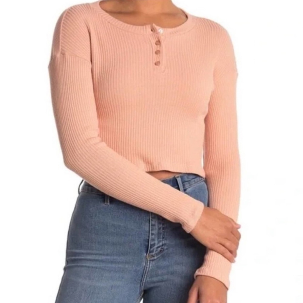 LUSH Cafe Creme Ribbed Long Sleeve Henley Top
